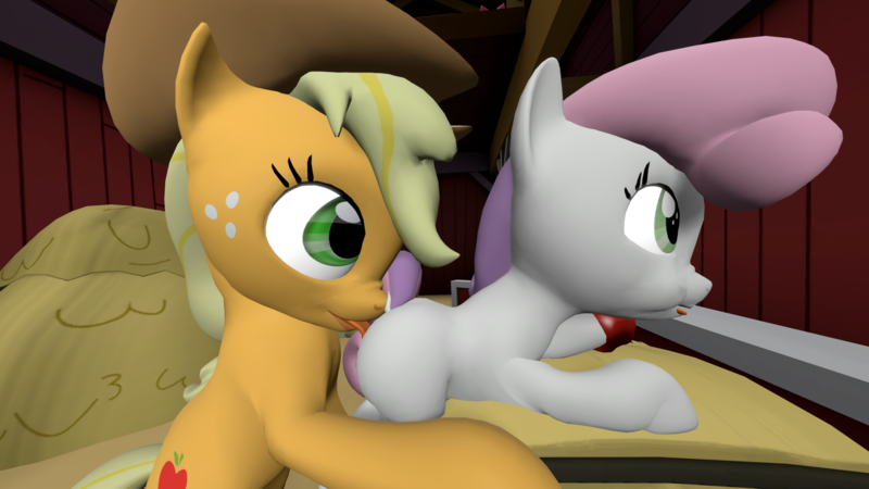 Size: 3840x2160 | Tagged: questionable, derpibooru import, apple bloom, applejack, sweetie belle, 3d, :p, apple, eating, female, food, image, implied analingus, implied oral, implied sex, lesbian, png, shipping, source filmmaker, sweet apple acres barn, sweetiejack, tongue out
