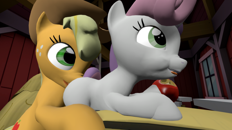Size: 3840x2160 | Tagged: questionable, derpibooru import, applejack, sweetie belle, 3d, :p, apple, eating, female, food, image, implied analingus, implied oral, implied sex, lesbian, png, shipping, source filmmaker, sweet apple acres barn, sweetiejack, tongue out