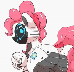 Size: 1593x1556 | Tagged: safe, artist:pabbley, derpibooru import, pinkie pie, pony, robot, robot pony, balloonbutt, butt, dock, female, image, jpeg, kerfuś, large butt, looking at you, looking back, looking back at you, mare, pinkie bot, plot, raised hoof, rear view, roboticization, simple background, smiling, smiling at you, solo, tail, white background