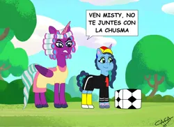 Size: 2338x1700 | Tagged: safe, artist:cafakero, derpibooru import, opaline, g5, my little pony: make your mark, spoiler:g5, spoiler:my little pony: make your mark, dona florinda, el chavo del 8, hair curlers, image, misty brightdawn, png, quico, spanish