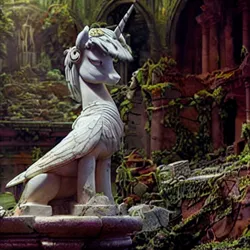 Size: 512x512 | Tagged: safe, derpibooru import, editor:caligari87, machine learning generated, purplesmart.ai, stable diffusion, alicorn, feathered wings, folded wings, image, leaves, moss, overgrown, pedestal, png, realistic, ruins, short mane, sitting, statue, stone, wings