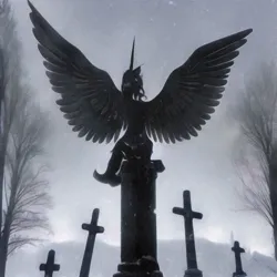 Size: 1024x1024 | Tagged: safe, derpibooru import, editor:caligari87, machine learning assisted, machine learning generated, purplesmart.ai, stable diffusion, alicorn, bare tree, cemetery, crucifix, feathered wings, gravestone, graveyard, image, large wings, pedestal, png, silhouette, solo, spread wings, statue, stone, tree, wings