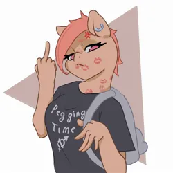 Size: 2000x2000 | Tagged: suggestive, artist:henko, derpibooru import, oc, unofficial characters only, anthro, earth pony, backpack, clothes, cross-popping veins, ear piercing, earring, emanata, female, image, jewelry, jpeg, kiss mark, lidded eyes, lipstick, looking at you, middle finger, piercing, shirt, simple background, solo, solo female, vulgar