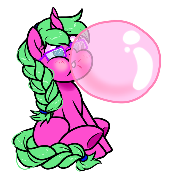 Size: 946x996 | Tagged: safe, artist:paperbagpony, derpibooru import, oc, oc:raspberry tart, unicorn, braid, bubblegum, food, glasses, gum, horn, image, png, simple background, unicorn oc, white background