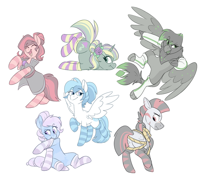 Size: 3880x3405 | Tagged: safe, artist:luximus17, derpibooru import, oc, oc:alucinari, oc:claret, oc:eristana, oc:genevieve, oc:liana, earth pony, gryphon, pegasus, pony, unicorn, zebra, clothes, image, png, socks