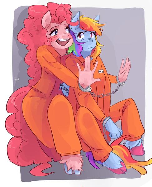 Size: 832x1024 | Tagged: safe, artist:dmitrymemovznok, derpibooru import, pinkie pie, rainbow dash, anthro, blushing, clothes, cuffed, cuffs, excited, hesitant, image, jpeg, prison outfit, prisoner pp, prisoner rd, unshorn fetlocks