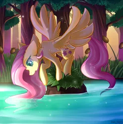 Size: 1976x1993 | Tagged: safe, artist:yuris, derpibooru import, fluttershy, pegasus, pony, ear fluff, female, floppy ears, forest, image, lake, open mouth, png, reeds, solo, solo female, spread wings, sunset, tree, water, wings