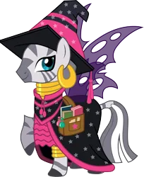 Size: 3000x3668 | Tagged: safe, artist:cloudyglow, derpibooru import, zecora, bag, book, cape, clothes, costume, image, nightmare night, png, saddle bag, simple background, solo, transparent background