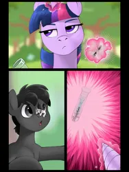 Size: 1536x2048 | Tagged: safe, artist:elcaballooscuro, derpibooru import, twilight sparkle, oc, oc:inkenel, oc:oretha, pony, comic, image, jpeg, macro, magic, micro, shrinking, size difference, test tube