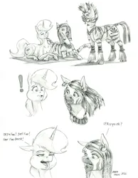 Size: 1100x1419 | Tagged: safe, artist:baron engel, derpibooru import, oc, oc:petina, pony, unicorn, zebra, female, image, jpeg, male, mare, monochrome, pencil drawing, story included, traditional art, zebra oc