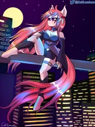 Size: 2324x3098 | Tagged: safe, artist:cali luminos, derpibooru import, oc, unofficial characters only, anthro, unguligrade anthro, unicorn, artist, breasts, city, cleavage, clothes, commission, dress, female, horn, image, jpeg, night, retrowave, solo, suit