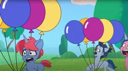 Size: 1680x941 | Tagged: safe, derpibooru import, screencap, unicorn, my little pony: tell your tale, spoiler:g5, spoiler:my little pony: tell your tale, spoiler:tyts01e33, balloon, filly filling, g5, image, jpeg, kazoo (character), running, running away