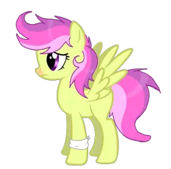 Size: 2962x2928 | Tagged: source needed, safe, artist:taeko, derpibooru import, oc, oc:defiant fruit, unofficial characters only, pegasus, pony, 2022, bandage, female, frown, image, magical lesbian spawn, mare, offspring, parent:banana bliss, parent:scootaloo, parents:bananaloo, pegasus oc, png, simple background, transparent background, wings