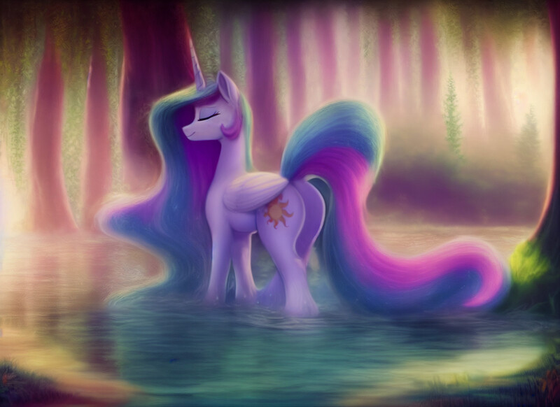 Size: 2816x2048 | Tagged: safe, derpibooru import, editor:siber, machine learning generated, purplesmart.ai, stable diffusion, princess celestia, alicorn, pony, butt, ethereal mane, ethereal tail, eyes closed, image, jpeg, lake, long mane, long tail, reflection, smiling, solo, tail, tree, water