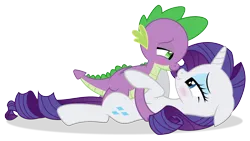 Size: 3840x2160 | Tagged: suggestive, artist:georgegarza01, derpibooru import, rarity, spike, dragon, pony, unicorn, blushing, cute, female, high res, image, looking at each other, looking at someone, loving gaze, lying down, male, mare, png, raribetes, shipping, show accurate, simple background, sparity, spikabetes, straight, transparent background, vector, winged spike, wings