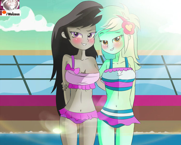Size: 1000x800 | Tagged: suggestive, artist:moizeus3, derpibooru import, lyra heartstrings, octavia melody, equestria girls, adorasexy, bikini, blushing, clothes, cute, duo, duo female, female, hand on shoulder, image, jpeg, looking at you, lyrabetes, sexy, swimsuit, tavibetes, yacht