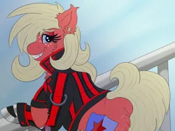 Size: 1600x1200 | Tagged: safe, artist:gray star, derpibooru import, oc, oc:scarlet star, unofficial characters only, cyborg, earth pony, pony, butt freckles, chest fluff, clothes, cyberpunk, ear fluff, ear piercing, female, fluffy, freckles, glasses, image, jacket, leather, leather jacket, mare, nighthaze, piercing, png, simple background, solo, trans female, transgender, transgender oc, transparent background, unshorn fetlocks