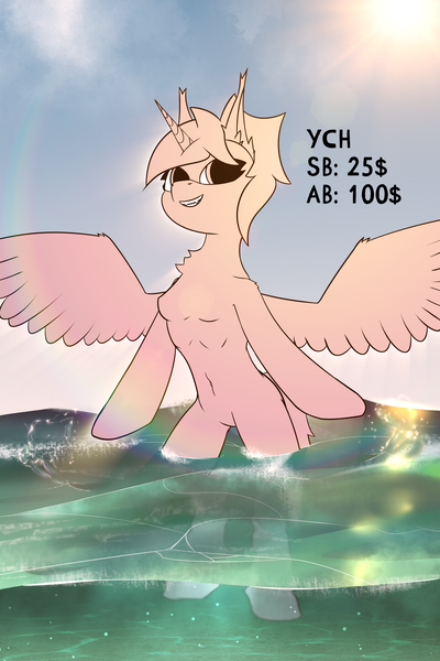 Size: 4000x6000 | Tagged: questionable, artist:kainy, derpibooru import, alicorn, pegasus, semi-anthro, unicorn, commission, image, ocean, png, shine, smiling, sun, water, your character here