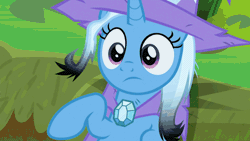 Size: 710x400 | Tagged: safe, derpibooru import, edit, edited screencap, screencap, trixie, pony, unicorn, a horse shoe-in, air quotes, animated, brooch, cape, careless, clothes, cute, diatrixes, female, gif, glow, hat, image, jewelry, lightup, mare, raised eyebrow, reckless, signed, solo, trixie's brooch, trixie's cape, trixie's glowing brooch, trixie's hat