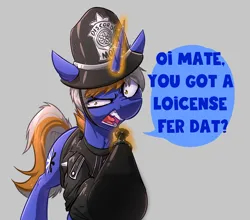 Size: 2812x2480 | Tagged: safe, artist:witchtaunter, derpibooru import, oc, pony, unicorn, angry, clothes, commission, ear fluff, faic, image, magic, offscreen character, png, police officer, pov, solo, speech bubble, talking to viewer, telekinesis