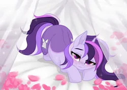 Size: 3465x2454 | Tagged: safe, artist:kawaiizhele, derpibooru import, oc, oc:dreaming bell, unofficial characters only, pony, unicorn, base used, bed, bedroom eyes, blushing, cute, female, horn, image, looking at you, lying down, mare, petals, png, rose petals, smiling, smiling at you, solo, unicorn oc