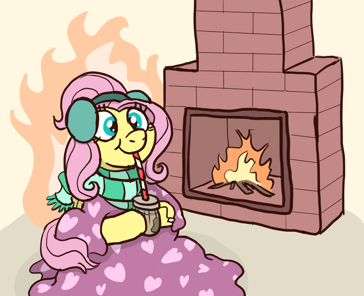 Size: 2763x2247 | Tagged: safe, artist:doodledonutart, derpibooru import, fluttershy, pegasus, pony, blanket, clothes, cute, drink, drinking, drinking straw, earmuffs, female, fire, fireplace, food, hoof hold, image, mare, png, ponytober, scarf, shyabetes, sitting, smiling, solo, striped scarf, tea