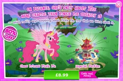 Size: 1961x1298 | Tagged: safe, derpibooru import, idw, official, pinkie pie, alicorn, pony, advertisement, bonsai, costs real money, crown, english, female, gameloft, horn, idw showified, image, jewelry, jpeg, mare, numbers, princess of chaos, regalia, sale, solo, solo focus, spread wings, text, wings