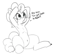Size: 7365x5604 | Tagged: safe, artist:pabbley, derpibooru import, pinkie pie, semi-anthro, unicorn, armpits, belly button, dialogue, image, partial color, png, race swap, simple background, sitting, solo, this explains everything, unicorn pinkie pie, white background, xk-class end-of-the-world scenario