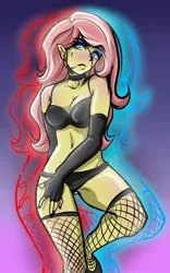 Size: 1369x2199 | Tagged: suggestive, artist:nolyanimeid, derpibooru import, fluttershy, bat pony, human, equestria girls, bat ponified, belly button, black underwear, blushing, bra, breasts, busty fluttershy, choker, cleavage, clothes, evening gloves, eyeshadow, fangs, female, fingerless elbow gloves, fingerless gloves, fishnets, flutterbat, gloves, gradient background, image, jpeg, long gloves, makeup, panties, race swap, solo, solo female, underwear