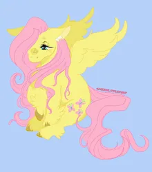 Size: 1280x1455 | Tagged: safe, artist:moonshade907, derpibooru import, fluttershy, pegasus, pony, blue background, blushing, colored hooves, female, floppy ears, image, looking away, looking down, mare, png, raised hoof, simple background, sitting, solo, spread wings, three quarter view, unshorn fetlocks, wings