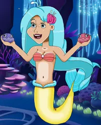 Size: 1204x1497 | Tagged: safe, artist:ocean lover, derpibooru import, princess skystar, shelldon, shelly, human, mermaid, my little pony: the movie, background, bare shoulders, beautiful, belly, belly button, blue eyes, blue hair, bra, breasts, cleavage, clothes, coral, cute, dark skin, disney style, female, fish tail, human coloration, humanized, image, innocent, lipstick, mermaid princess, mermaid tail, mermaidized, ocean, open mouth, pearl, plants, png, pretty, seaquestria, seashell, seashell bra, skyabetes, smiling, solo, solo female, species swap, tail, underwater, underwear, water