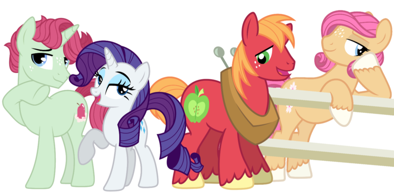 Size: 1434x714 | Tagged: safe, artist:pertsnstuff, derpibooru import, big macintosh, rarity, oc, oc:ciderapple purée, oc:sweetapple blossom, earth pony, pony, unicorn, base used, bipedal, bipedal leaning, family, female, image, leaning, male, mare, offspring, parent:big macintosh, parent:rarity, parents:rarimac, png, rarimac, shipping, simple background, stallion, straight, transparent background