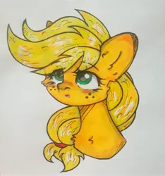 Size: 4096x4379 | Tagged: safe, artist:starkey, derpibooru import, applejack, earth pony, braid, braided tail, bust, chest fluff, ear fluff, freckles, glare, image, jpeg, rubber band, solo, tail, traditional art, wide eyes