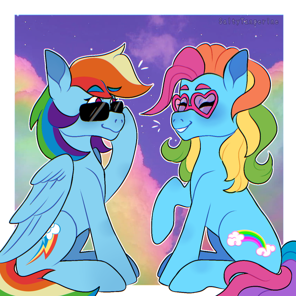 Size: 1280x1280 | Tagged: safe, artist:saltytangerine, derpibooru import, rainbow dash, earth pony, pegasus, pony, blue coat, g3, g3 to g4, g4, generation leap, happy, image, looking at each other, looking at someone, multicolored hair, png, rainbow hair, raised eyebrow, raised hoof, raised leg, sitting, sky, smiling, sunglasses