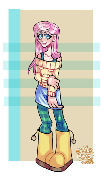 Size: 900x1570 | Tagged: safe, artist:schizparrot, derpibooru import, fluttershy, human, boots, bra, bra strap, clothes, cute, female, humanized, image, jpeg, shoes, shyabetes, skirt, socks, solo, striped socks, sweater, sweatershy, underwear