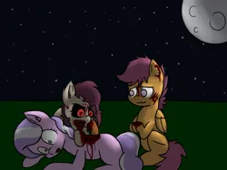 Size: 1024x768 | Tagged: grimdark, artist:arkypony, derpibooru import, apple bloom, diamond tiara, scootaloo, earth pony, pegasus, pony, undead, zombie, story of the blanks, blood, female, filly, foal, image, imminent death, injured, jpeg, moon, night, shrunken pupils