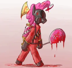 Size: 500x475 | Tagged: semi-grimdark, artist:secretgoombaman12345, derpibooru import, pinkie pie, ponified, pony, bipedal, blood, image, jpeg, pyro (tf2), solo, team fortress 2