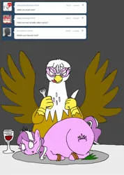 Size: 1280x1793 | Tagged: safe, artist:askgluttonousgilda, derpibooru import, diamond tiara, gilda, earth pony, gryphon, pony, ask, bondage, fat, female, filly, foal, fork, hogtied, image, imminent vore, jpeg, knife, licking, licking lips, pony as food, tongue out