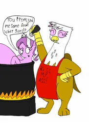 Size: 1280x1762 | Tagged: safe, artist:askgluttonousgilda, derpibooru import, gilda, earth pony, gryphon, pony, cauldron, cooked alive, cooking, fat, female, filly, fire, foal, image, imminent vore, jpeg, kiss my ass, pony as food, vulgar