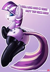 Size: 1352x1957 | Tagged: suggestive, artist:shepardinthesky, derpibooru import, twilight velvet, clothes, dialogue, evening gloves, gloves, gradient background, image, latex, latex gloves, latex panties, latex socks, latex stockings, long gloves, looking at you, looking back, looking back at you, panties, png, presenting, socks, solo, speech bubble, stockings, thigh highs, underwear