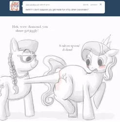 Size: 787x800 | Tagged: safe, artist:secretgoombaman12345, derpibooru import, diamond tiara, silver spoon, earth pony, pony, blushing, butt blush, butt touch, embarrassed, fat, female, filly, foal, hoof on butt, image, jpeg, looking at butt, partial color