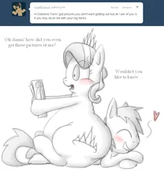 Size: 783x818 | Tagged: safe, artist:secretgoombaman12345, derpibooru import, diamond tiara, oc, earth pony, pony, ask, blushing, canon x oc, fat, female, filly, foal, heart, image, jpeg, lip bite, male, partial color, shipping, sitting on person