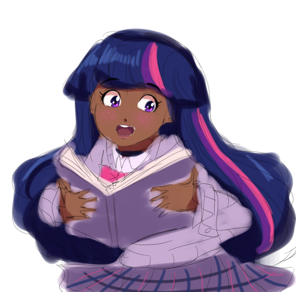 Size: 2100x2076 | Tagged: safe, artist:theladysknight, derpibooru import, twilight sparkle, human, book, dark skin, female, high res, humanized, image, open mouth, png, simple background, transparent background