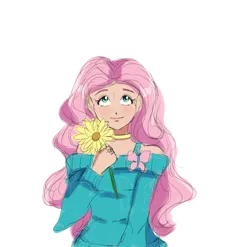 Size: 2100x2076 | Tagged: safe, artist:theladysknight, derpibooru import, fluttershy, human, female, flower, high res, humanized, image, looking up, png, shoulderless, simple background, smiling, solo, transparent background