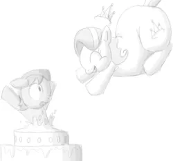 Size: 610x566 | Tagged: safe, artist:secretgoombaman12345, derpibooru import, diamond tiara, oc, earth pony, pony, fat, female, filly, foal, image, imminent vore, jpeg, monochrome, popping out of a cake