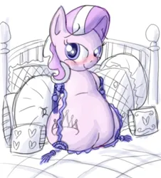 Size: 742x820 | Tagged: suggestive, artist:secretgoombaman12345, derpibooru import, earth pony, pony, amputee, bed, blushing, fat, female, filly, foal, image, looking at you, partial color, pillow, png, quadruple amputee, solo