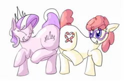 Size: 827x538 | Tagged: safe, artist:secretgoombaman12345, derpibooru import, diamond tiara, twist, earth pony, pony, butt to butt, butt touch, eyes closed, fat, female, filly, foal, image, png