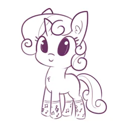 Size: 1650x1650 | Tagged: safe, artist:tjpones, derpibooru import, edit, sweetie belle, pony, unicorn, blank flank, chest fluff, clothes, cute, cutie mark, diasweetes, ear fluff, female, filly, foal, horn, image, monochrome, music notes, png, simple background, smiling, socks, solo, tjpones is trying to murder us, white background