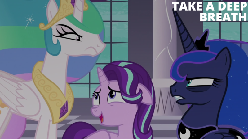 Size: 1280x720 | Tagged: safe, derpibooru import, edit, edited screencap, editor:quoterific, screencap, princess celestia, princess luna, starlight glimmer, a royal problem, image, png