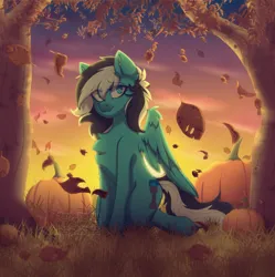 Size: 3219x3233 | Tagged: safe, artist:angie imagines, derpibooru import, oc, oc:euro, unofficial characters only, pegasus, pony, autumn, chest fluff, commission, ear fluff, falling leaves, female, grass, heterochromia, image, jpeg, leaves, pegasus oc, pumpkin, solo, sunset, wings